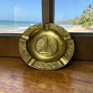 Vintage Brass Sailboat Ashtray Nautical Coastal Decor Seagulls trinket Dish